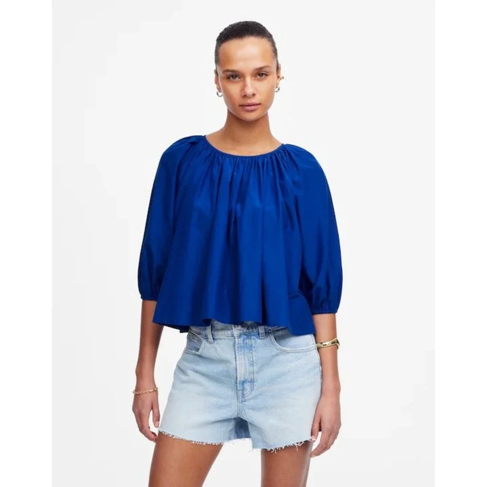 Madewell Shirred Puff-Sleeve‎ Top in Cotton-Silk Voile Bright Sapphire Small NWT